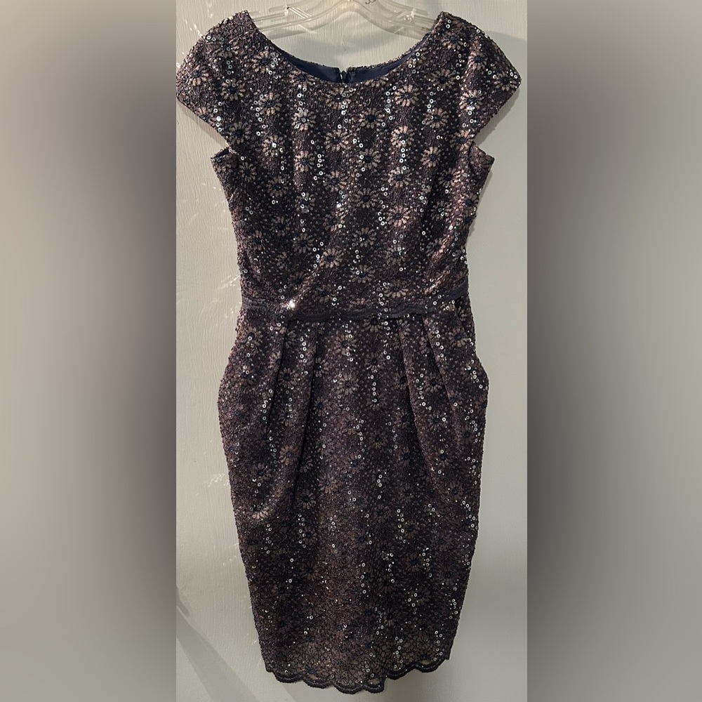Alex Evenings Blue Sequin Lace Midi Dress Size 4 P